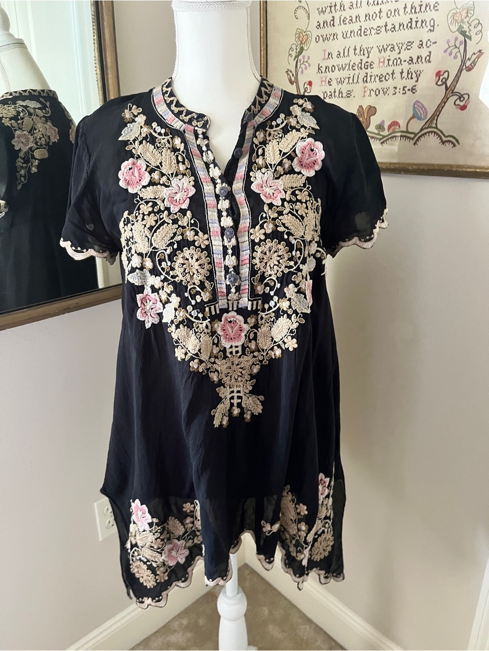 Johnny Was Black Tunic with Pink and Cream Floral Embroidery